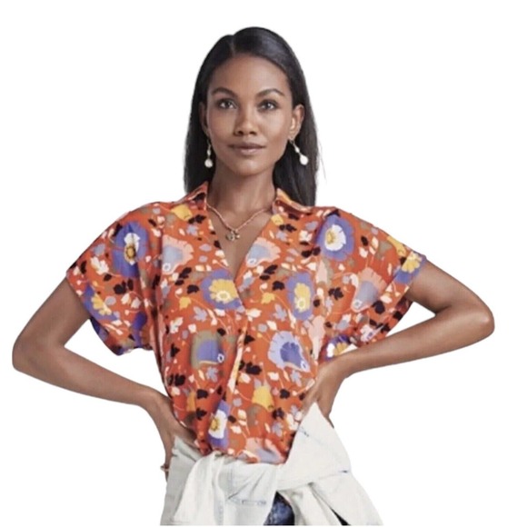 CAbi Tops - Cabi | Top Floral Visionary Replay Orange Short Sleeve V Neck Collar Size Small